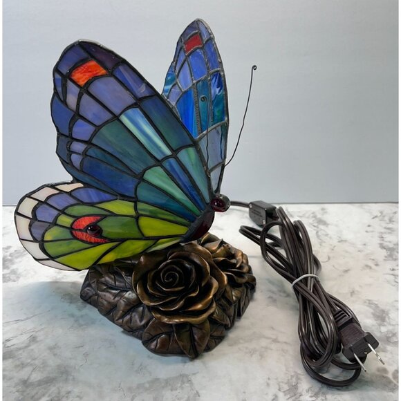 Tiffany Style Butterfly Accent Lamp Night Light Vintage Slag Glass Rose Base - Picture 2 of 16
